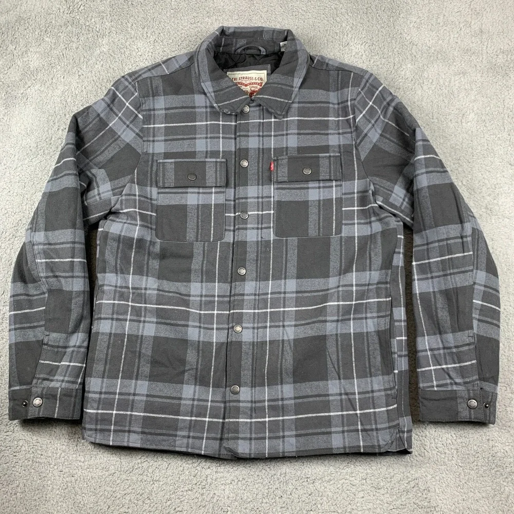 Levis Jacket Mens Medium‎ Grey Flannel Quilted Filled Shacket Inside Pocket Coat